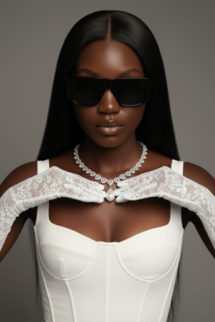 A bride wearing a white bridal dress, heart shaped zirconia necklace with pearl pendant, lace gloves, and sunglasses against a gray background