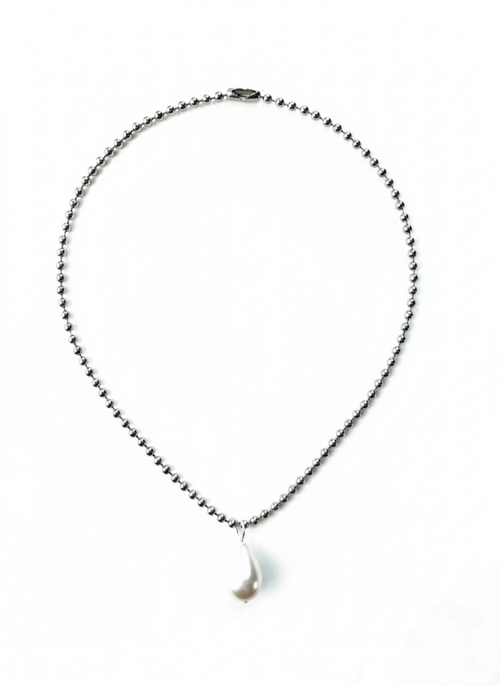 Vintaras Silver Ingrid Necklace with a tear drop pearl pendant on a white background