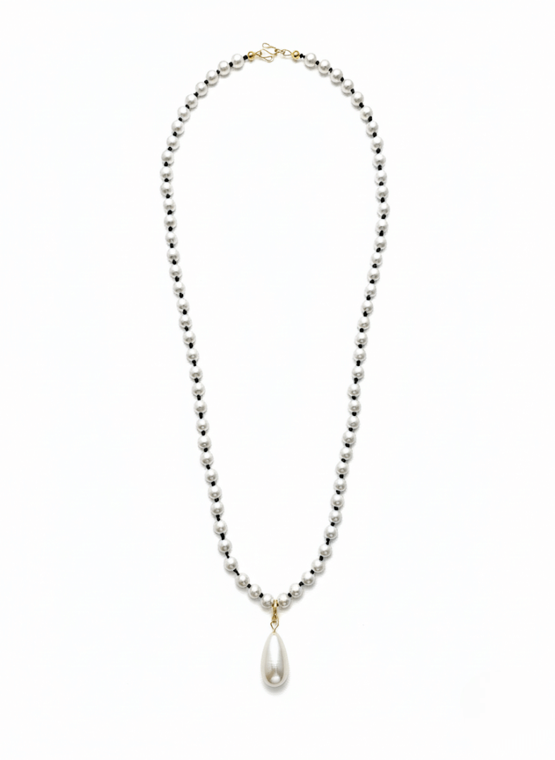 vintage inspired Vintaras Rita pearl necklace with a large pearl pendant on a white background