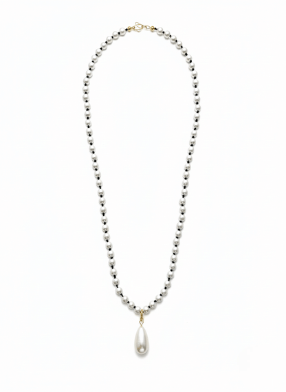 vintage inspired Vintaras Rita pearl necklace with a large pearl pendant on a white background