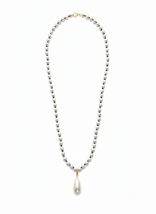 vintage inspired Vintaras Rita pearl necklace with a large pearl pendant on a white background