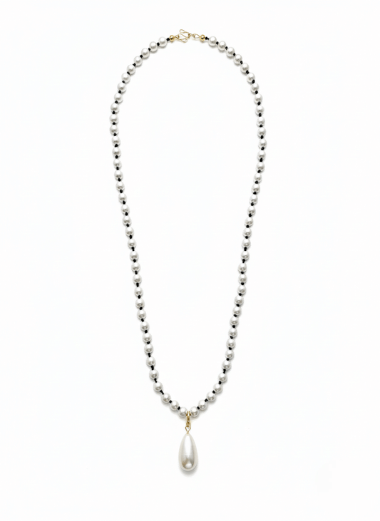 vintage inspired Vintaras Rita pearl necklace with a large pearl pendant on a white background