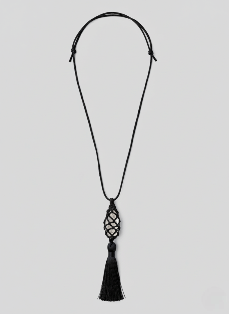 Black tassel necklace , Vintaras Vivien Tassel Necklace , on a light gray background