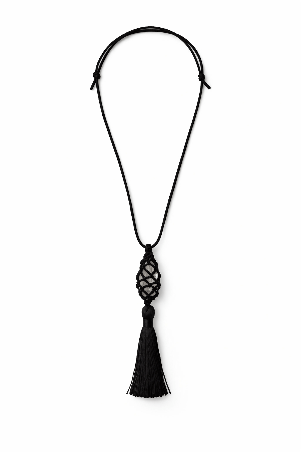  Vivien Tassel Necklace, black leather necklace with tassel on a white background