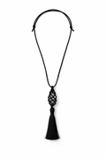  Vivien Tassel Necklace, black leather necklace with tassel on a white background