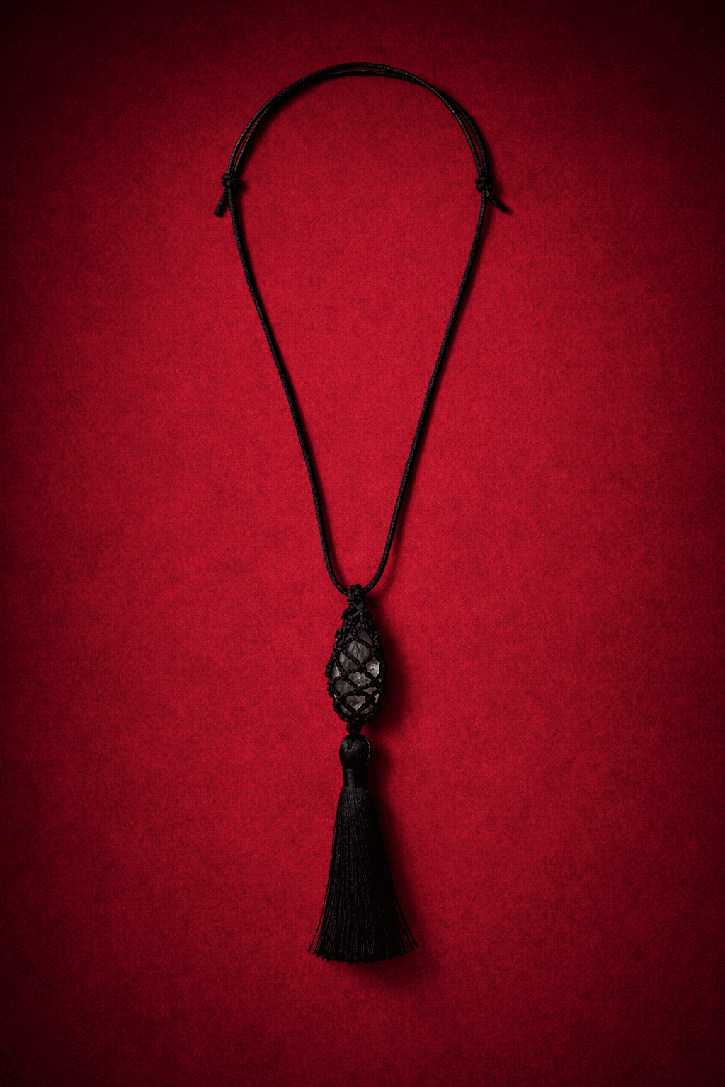 Vivien Tassel Necklace, black leather necklace with tassel on a red background