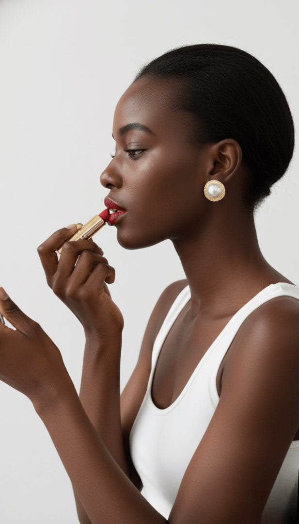 Woman applying red lipstick against a white background wearing Vintaras Elise Pearl Earring